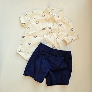 Carter's White Button Down Car Print And Navy Shorts Set for Toddlers 12M NWOT